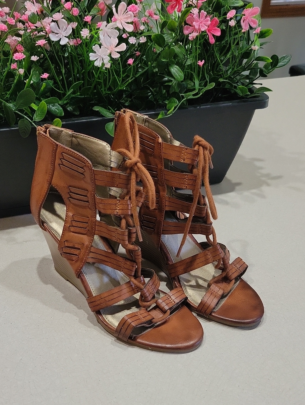 Rampage Tan Strappy Lace-Up Wedge Sandals